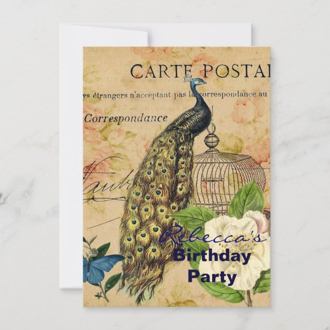 fransk botanisk påfågel för inbjudningar (Framsida)