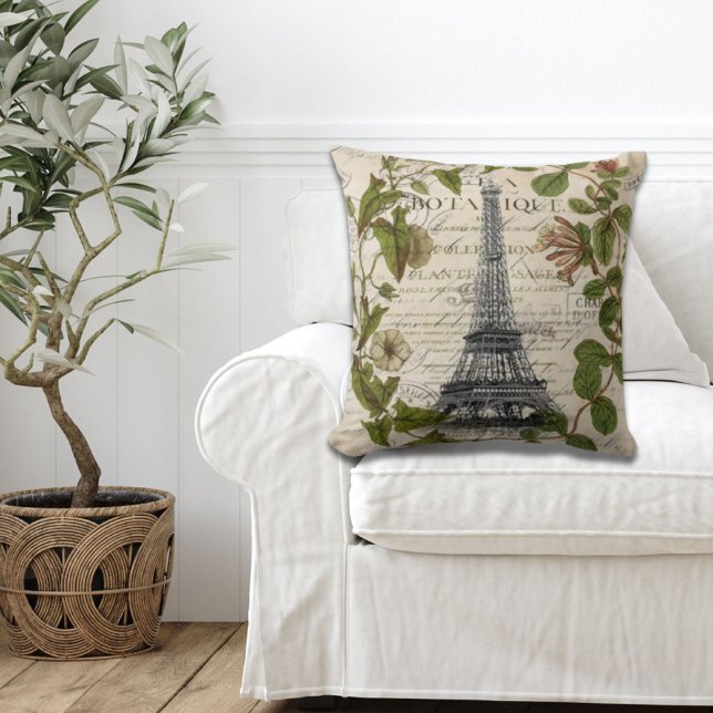 fransk botaniska vivel löv paris eiffel torn kudde (french botanical ivy leaves paris eiffel tower throw pillow)
