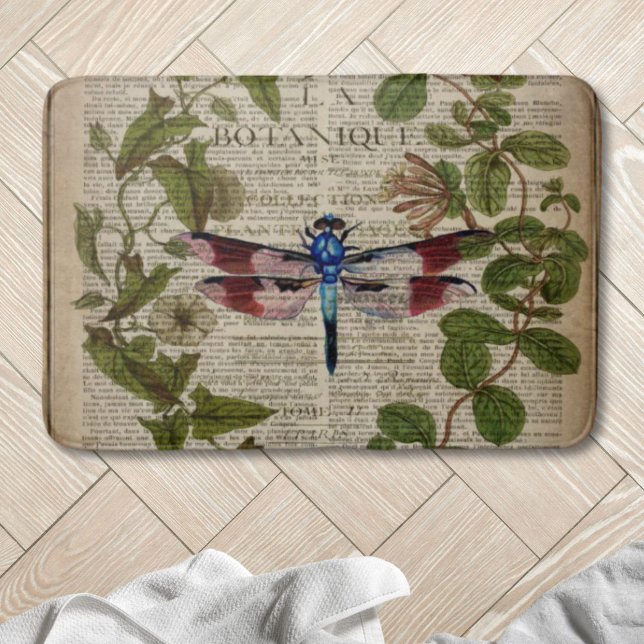 fransk botaniskt löv modern vintage drakfluga badrumsmatta (french botanical leaves modern vintage dragonfly bath mat)