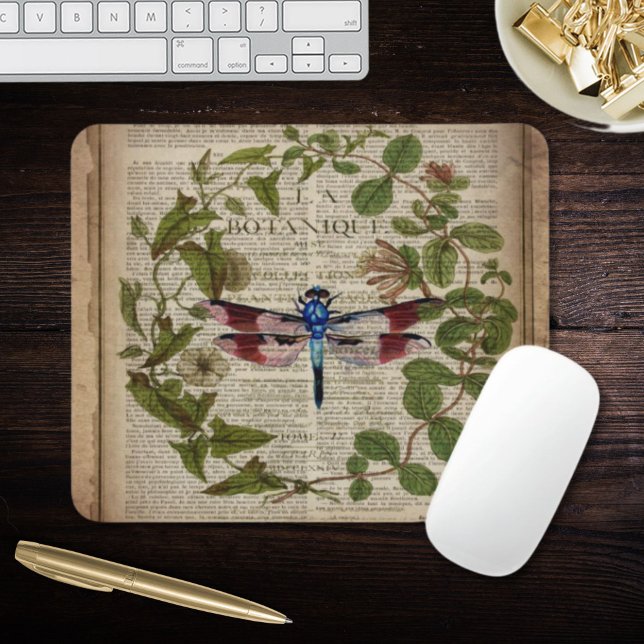 fransk botaniskt löv modern vintage drakfluga musmatta (french botanical leaves modern vintage dragonfly mouse pad)