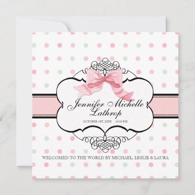 Fransk Bow Damask Swirl Birth Announcement Girl Meddelande (Framsida)