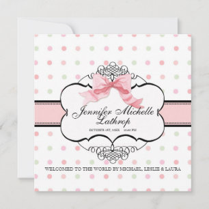 Fransk Bow Damask Swirl Birth Announcement Girl Meddelande