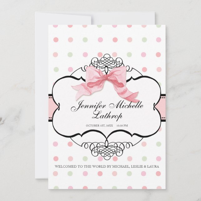 Fransk Bow Swirl Damask Girl Birth Meddelande (Framsida)