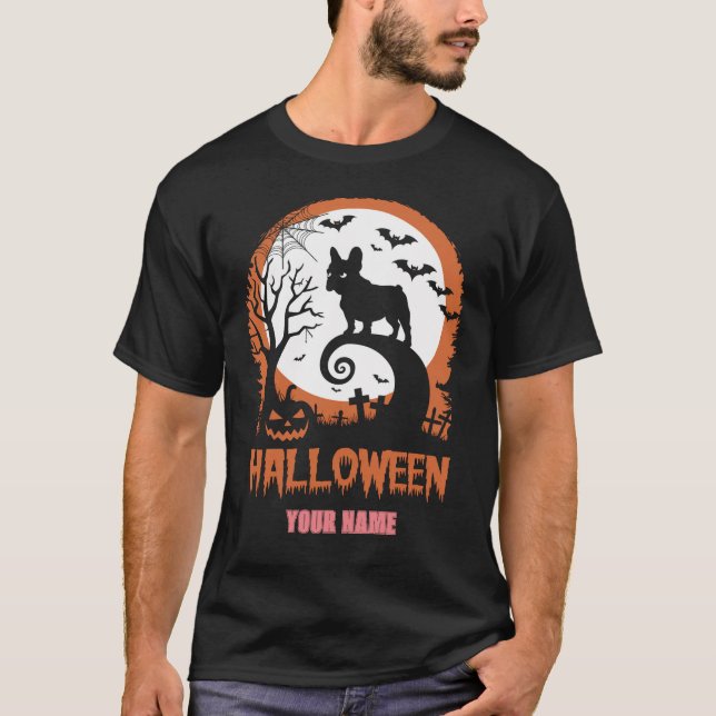 Fransk Bulld0g och Måne Funny Halloween Anpassning T Shirt (Framsida)