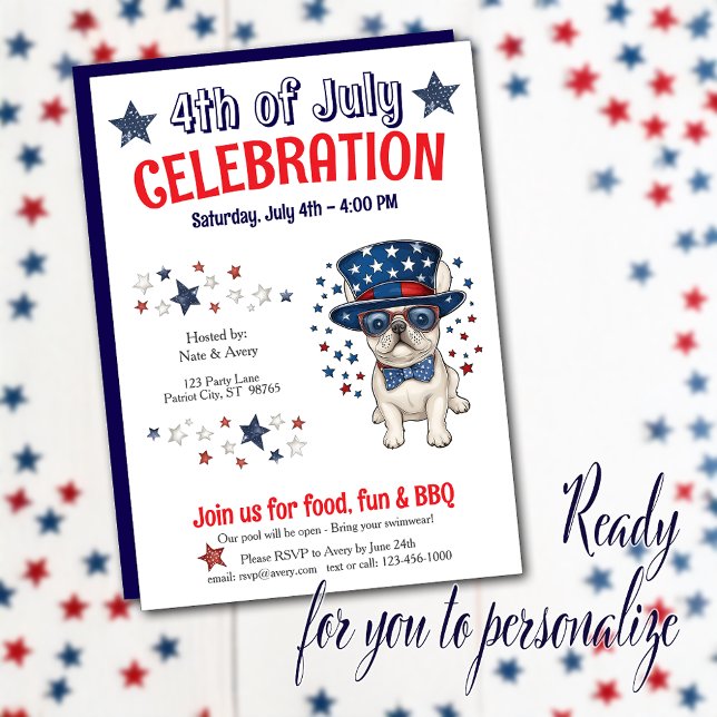 Fransk Bulldog 4:e juli Party BQ-inbjudan Inbjudningar (This whimsical design captures hearts with a charming Frenchie dressed in true patriotic spirit.)