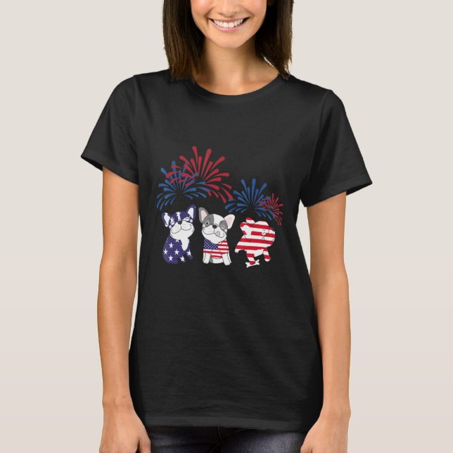 Fransk Bulldog American Flagga Frenchie Firework 4 T Shirt (Framsida)