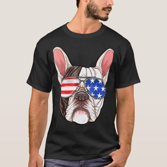 Fransk Bulldog American Sunglasses 4:e juli Hund T Shirt (Framsida)