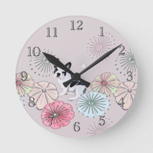 Fransk Bulldog and Flowers Rund Klocka
