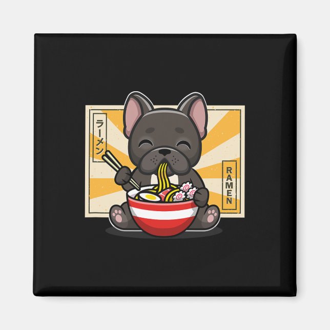 Fransk Bulldog Anime Eating Noodle Magnet (Framsidan)