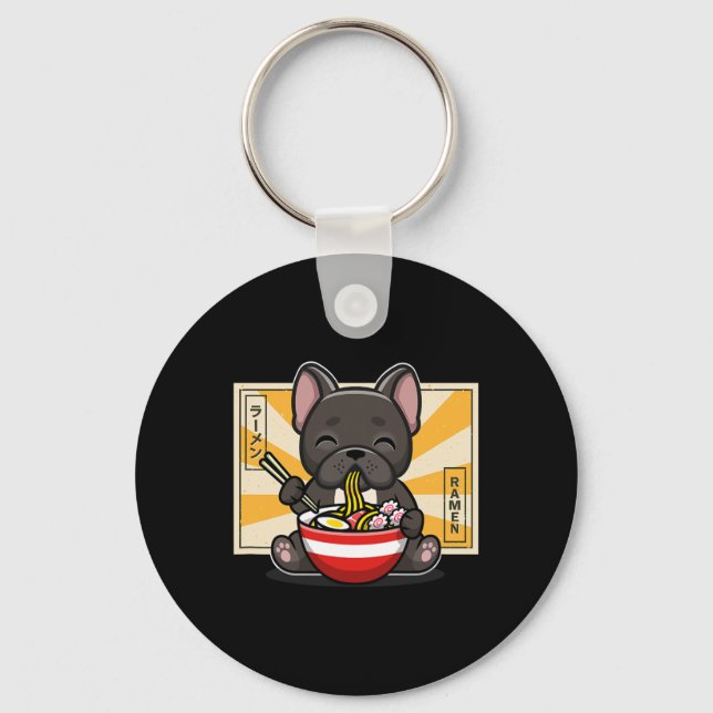 Fransk Bulldog Anime Eating Noodle Nyckelring (Framsida)