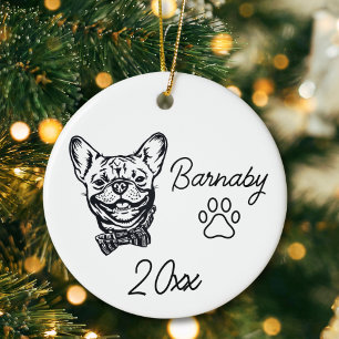 Fransk Bulldog Anpassat Namn & År Linje Konst Julgransprydnad Keramik