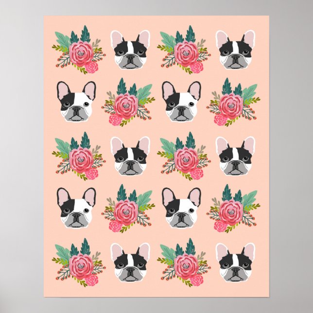 Fransk Bulldog Ansikte Blommigt Hund Art Poster (Framsidan)