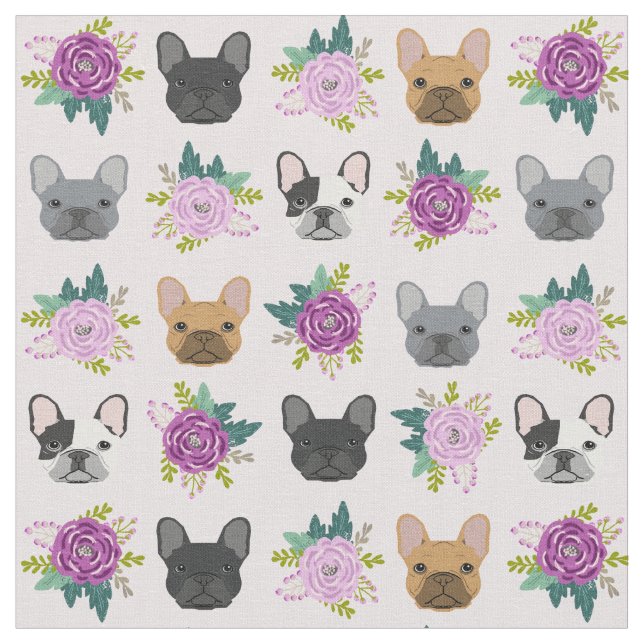 Fransk Bulldog Ansikte lavender blommigts Tyg (Närbild)
