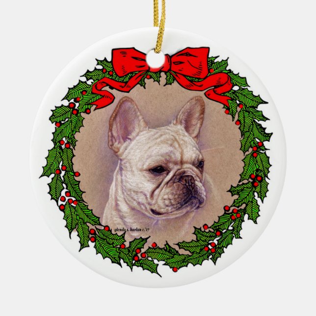 Fransk Bulldog Art by Glenda S. Harlan Julgransprydnad Keramik (Framsidan)