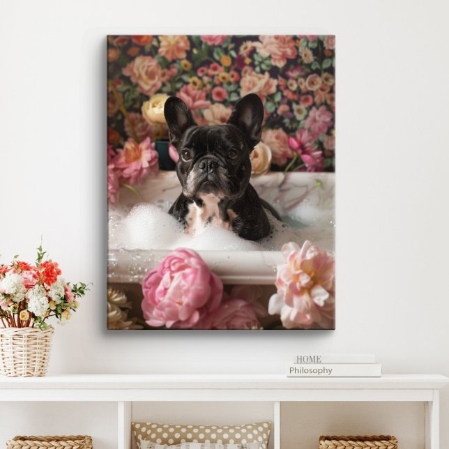 Fransk Bulldog Art | Frenchie i Bathtub Bathroom Canvastryck (Black Frenchie Art)