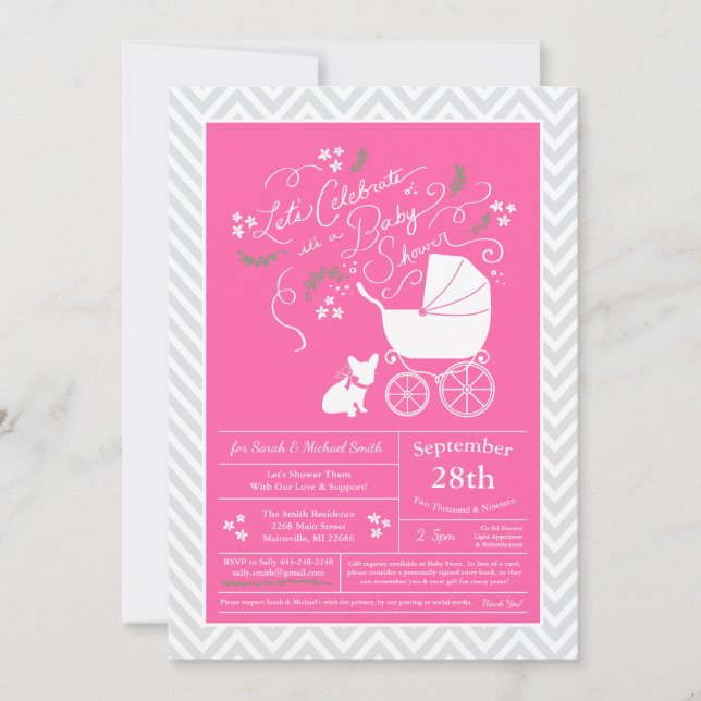 Fransk Bulldog Baby Shower Frenchie Rosa Tjej Inbjudningar (Framsida)