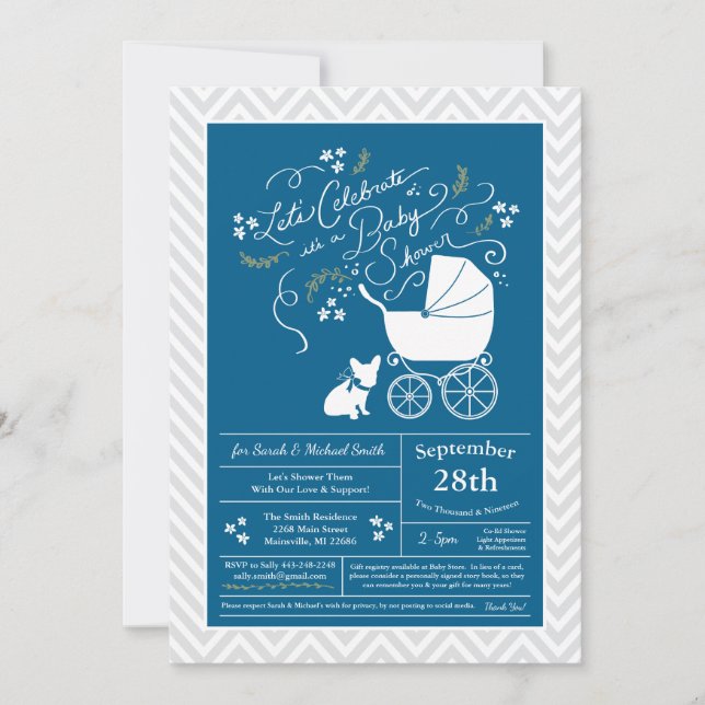 Fransk Bulldog Baby Shower Frenchy Frenchie Blue Inbjudningar (Framsida)