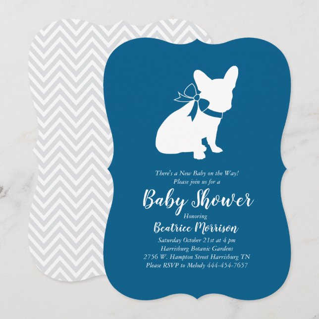 Fransk Bulldog Baby Shower Frenchy Frenchie Blue Inbjudningar (Fram/baksida)