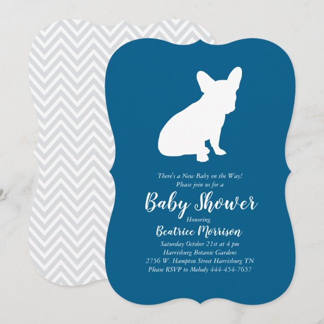 Fransk Bulldog Baby Shower Frenchy Frenchie Blue Inbjudningar (Fram/baksida)