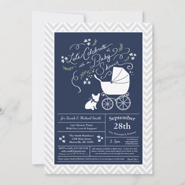 Fransk Bulldog Baby Shower Inbjudan (Framsida)