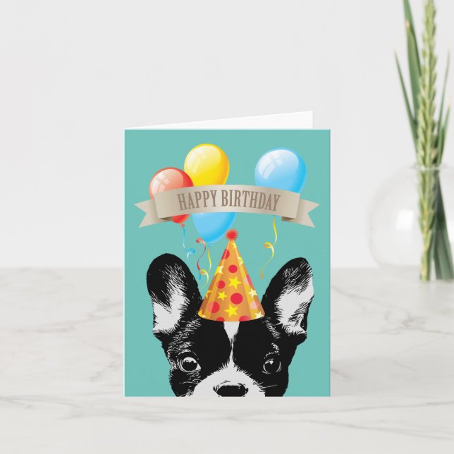 Fransk Bulldog & Balloons Grattis på födelsedagen Kort (Framsida)