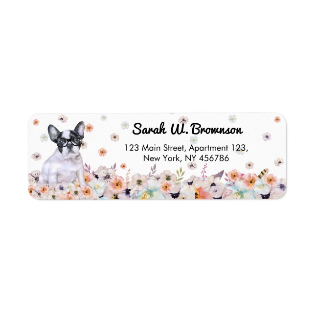Fransk Bulldog bär glasögon i blommorna Returadress Etikett (Framsidan)