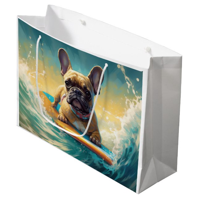 Fransk Bulldog Beach Surfing Painting (Framsidan Vinklad)
