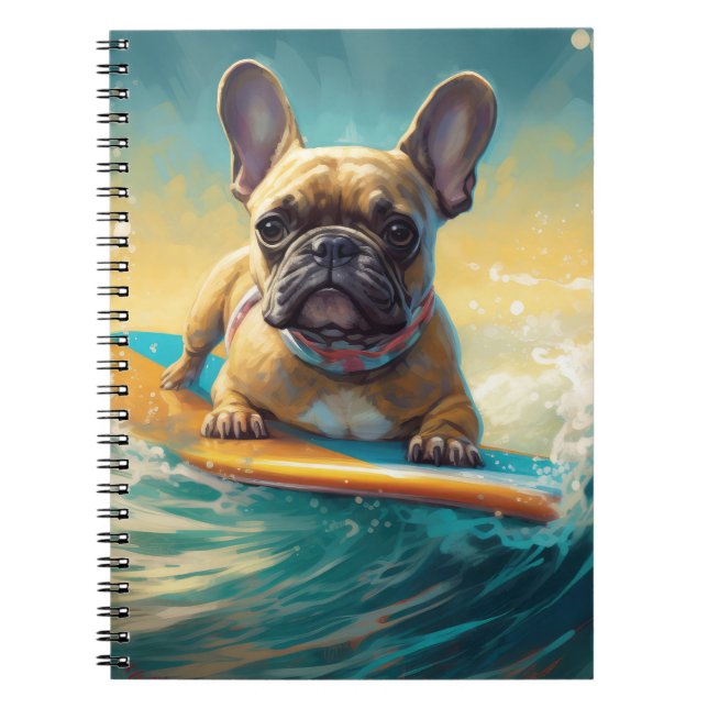 Fransk Bulldog Beach Surfing Painting Anteckningsbok (Framsidan)
