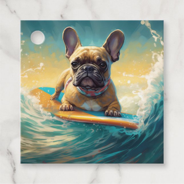 Fransk Bulldog Beach Surfing Painting Gåvor Etiketter (Framsida)