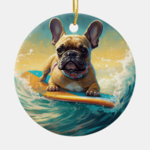 Fransk Bulldog Beach Surfing Painting Julgransprydnad Keramik