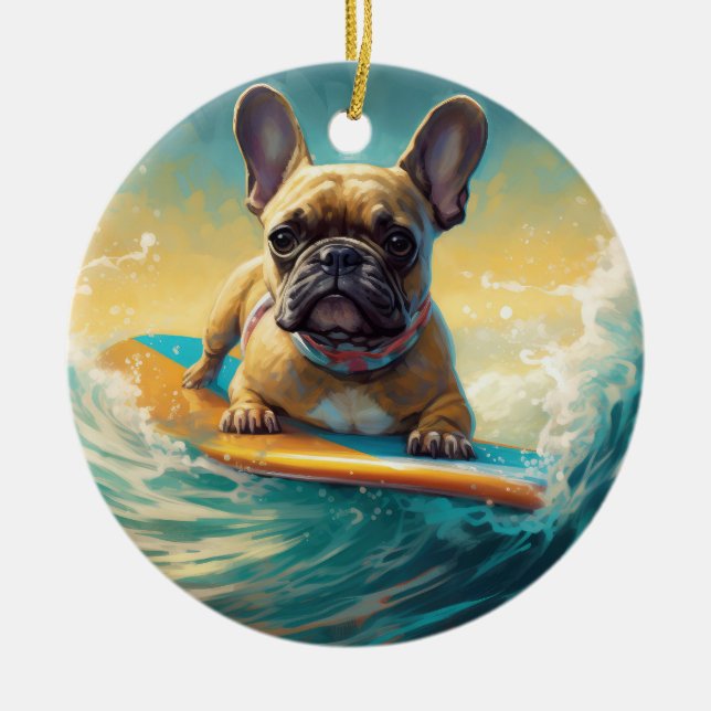 Fransk Bulldog Beach Surfing Painting Julgransprydnad Keramik (Framsidan)