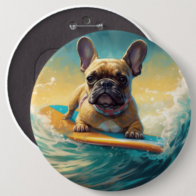 Fransk Bulldog Beach Surfing Painting Knapp (Framsida & baksida)