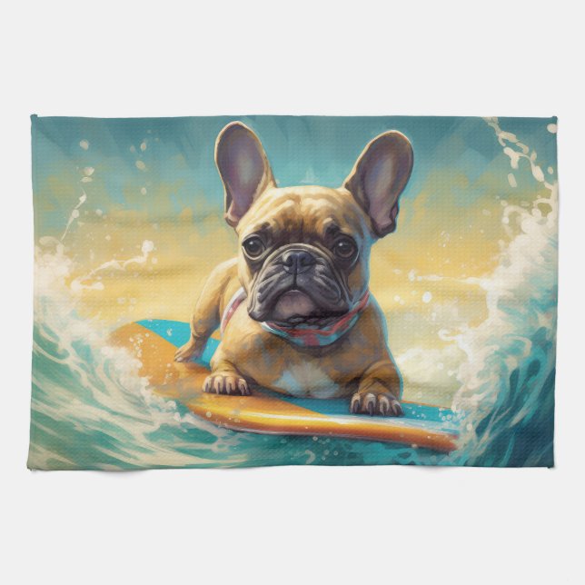 Fransk Bulldog Beach Surfing Painting Kökshandduk (Horisontell)