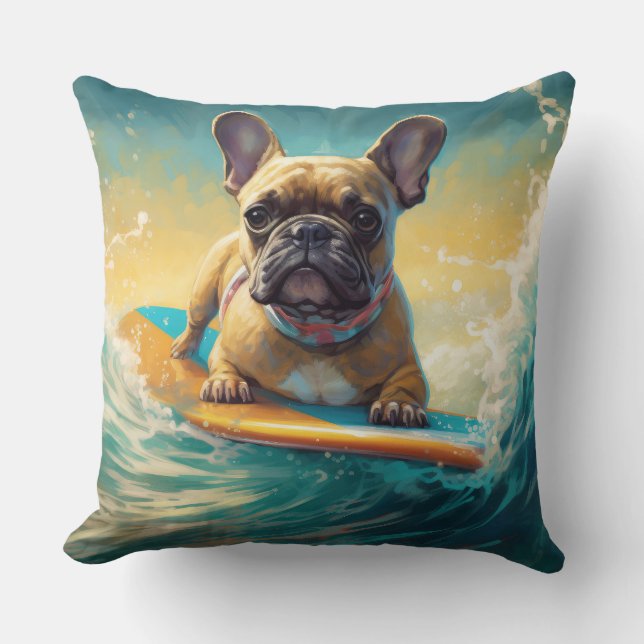 Fransk Bulldog Beach Surfing Painting Kudde (Framsida)