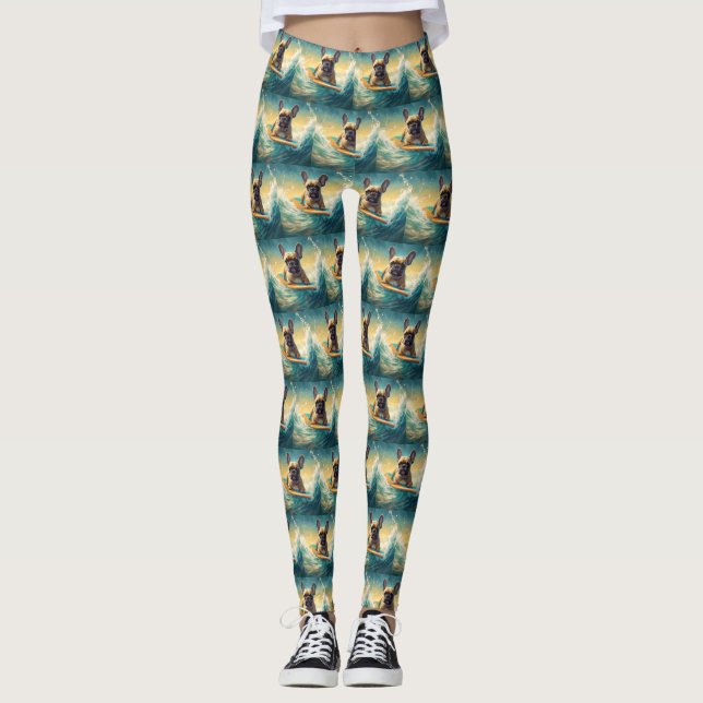 Fransk Bulldog Beach Surfing Painting Leggings (Framsida)