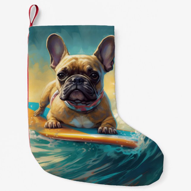 Fransk Bulldog Beach Surfing Painting Liten Julstrumpa (Framsidan)