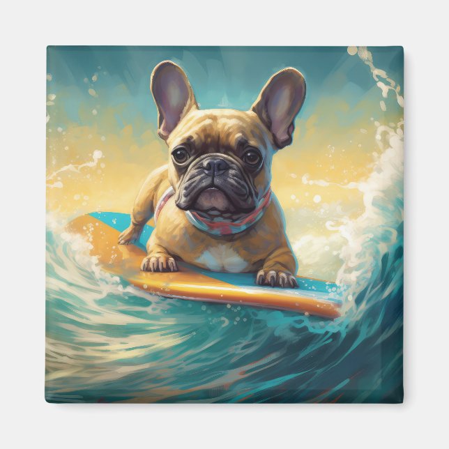 Fransk Bulldog Beach Surfing Painting Magnet (Framsidan)
