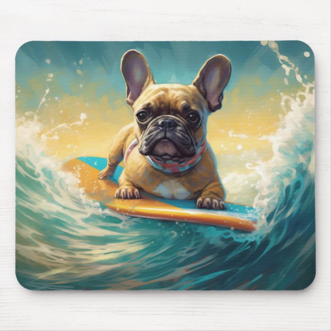 Fransk Bulldog Beach Surfing Painting Musmatta (Framsidan)