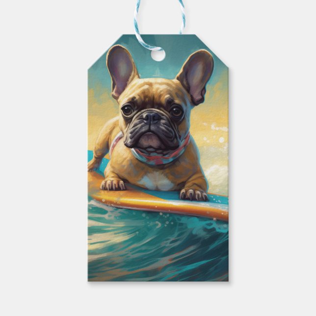 Fransk Bulldog Beach Surfing Painting Presentetikett (Framsidan)