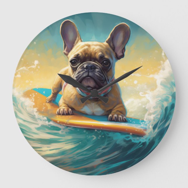 Fransk Bulldog Beach Surfing Painting Stor Klocka (Framsida)