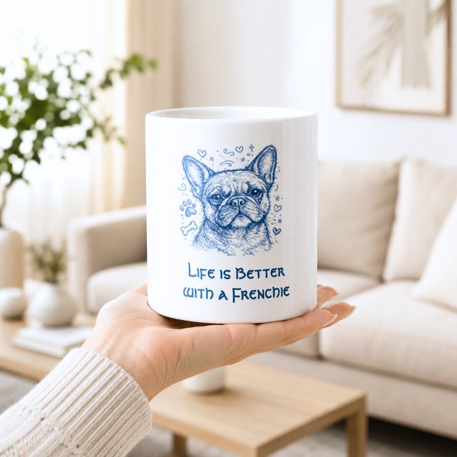 Fransk Bulldog blå linjärt ritad doodle frenchie Kaffemugg (Skapare uppladdad)
