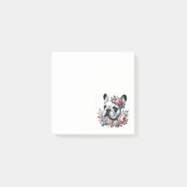 Fransk Bulldog Black and White Blommigt Post-it Block (Framsida)
