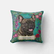 Fransk Bulldog Blommig Botanisk Kudd