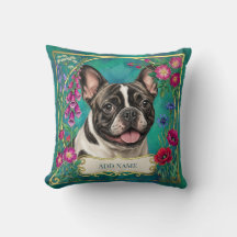 Fransk Bulldog Blommig Botanisk Kudd