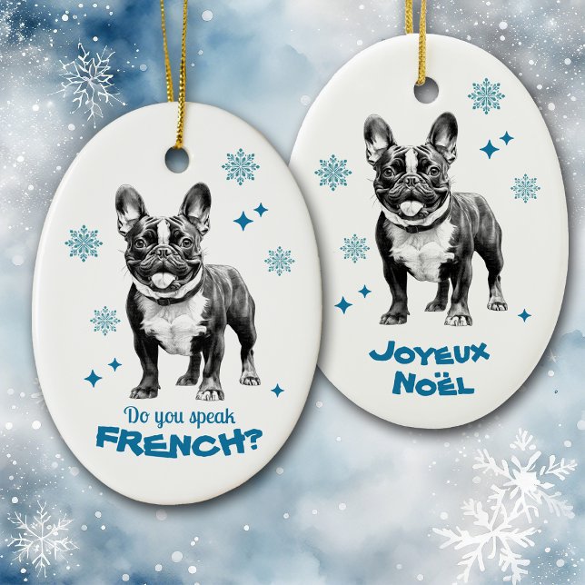 Fransk Bulldog Blue Joyeux Noel Julgransprydnad Keramik (Skapare uppladdad)