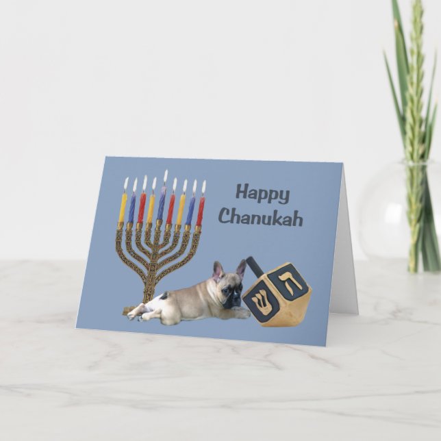 Fransk Bulldog Chanukah Card Menorah Dreidel Helgkort (Framsida)