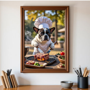 Fransk Bulldog Chef Grills Steak Poster