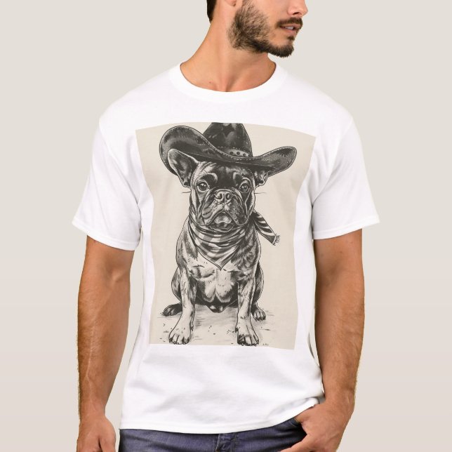 Fransk Bulldog Cowboy Hat Retro Bläck Design T-Shi T Shirt (Framsida)