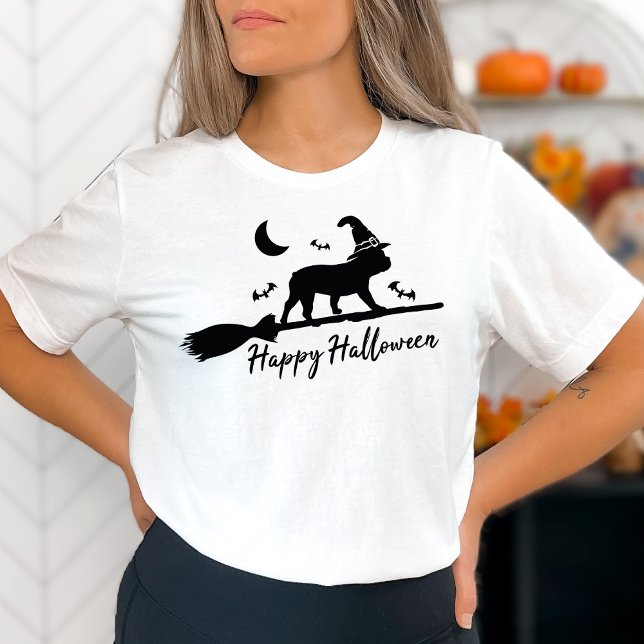 Fransk Bulldog Cute Frenchie Broomstick Halloween T Shirt (Skapare uppladdad)