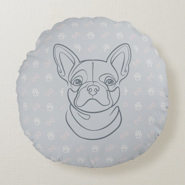 Fransk Bulldog Dekorativ Linje Konst Mönster Rund Kudde (Framsidan)